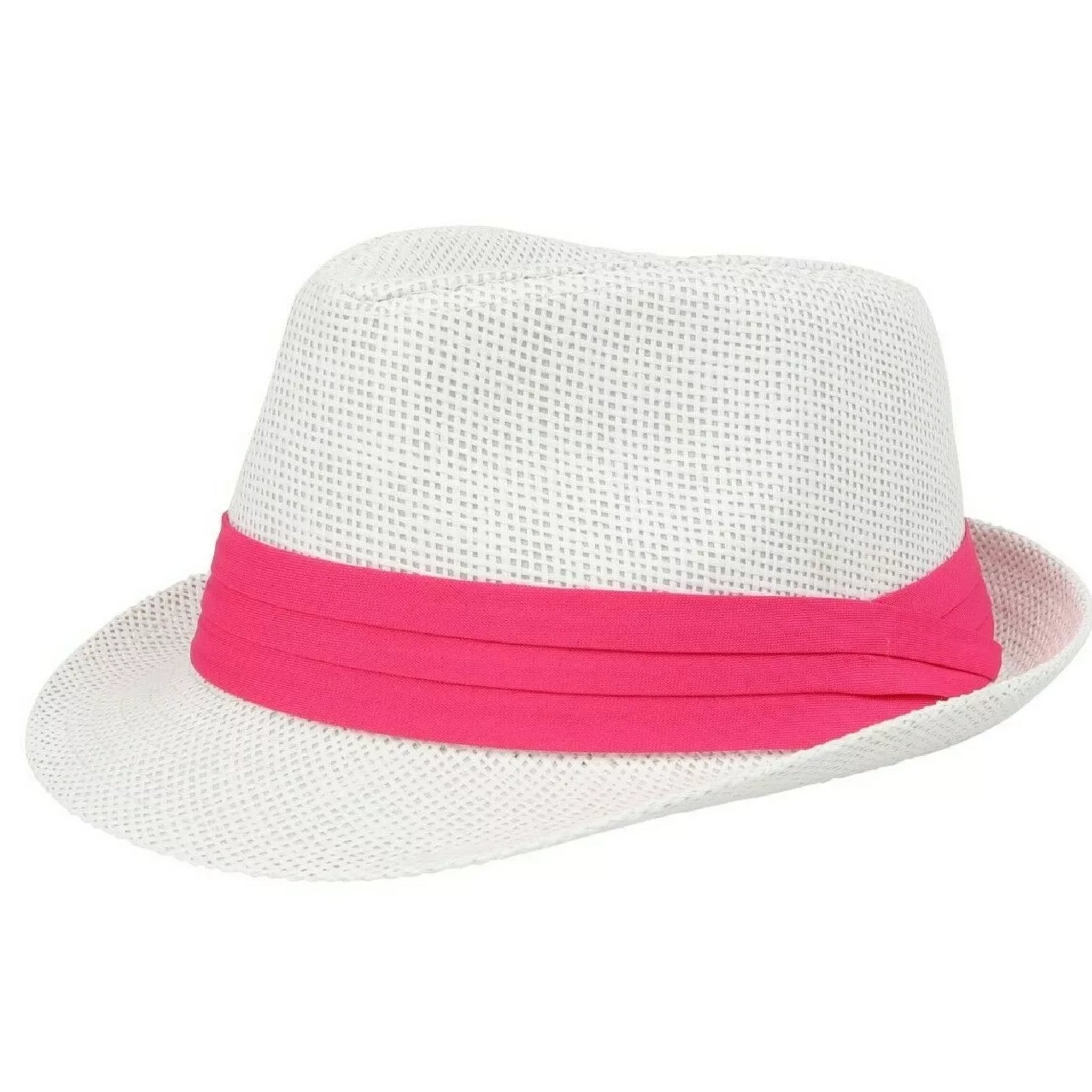 White straw trilby sun hat with pink band for men and women summer fashion